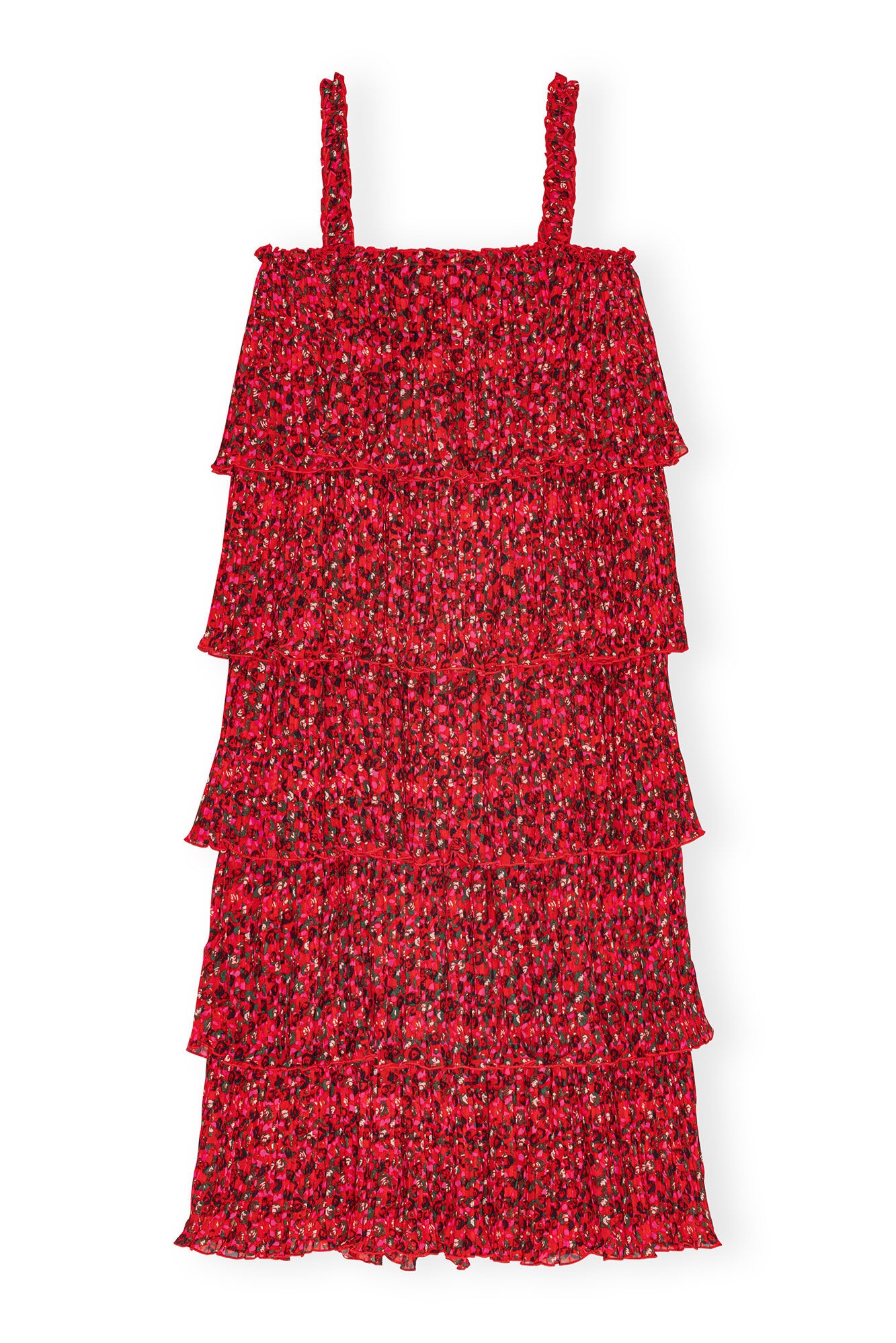 RED PLEATED GEORGETTE FLOUNCE STRAP MIDI DRESS - 6