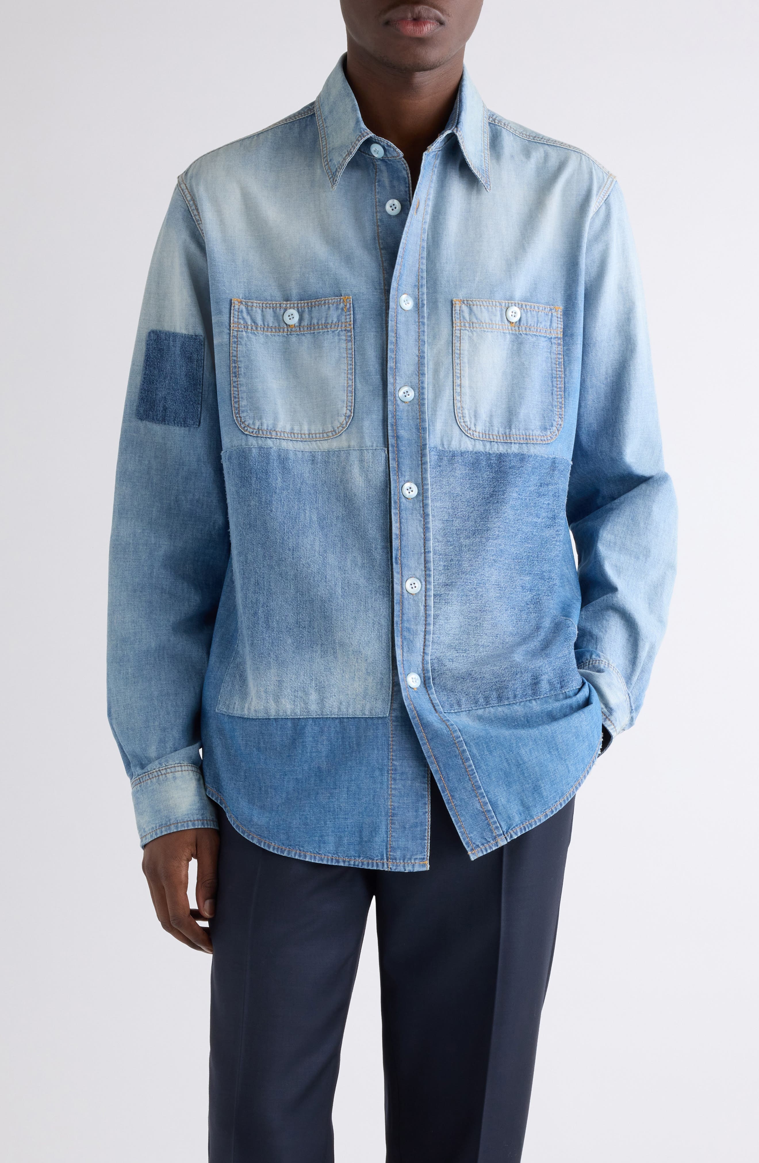 Givenchy Rip & Repair Cotton Chambray Button-Up Shirt in Light Blue at Nordstrom - 1
