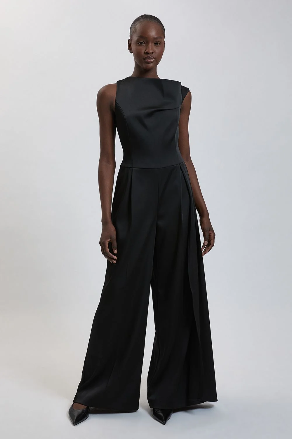 Tailored Satin Drape Asymmetric Jumpsuit - 1