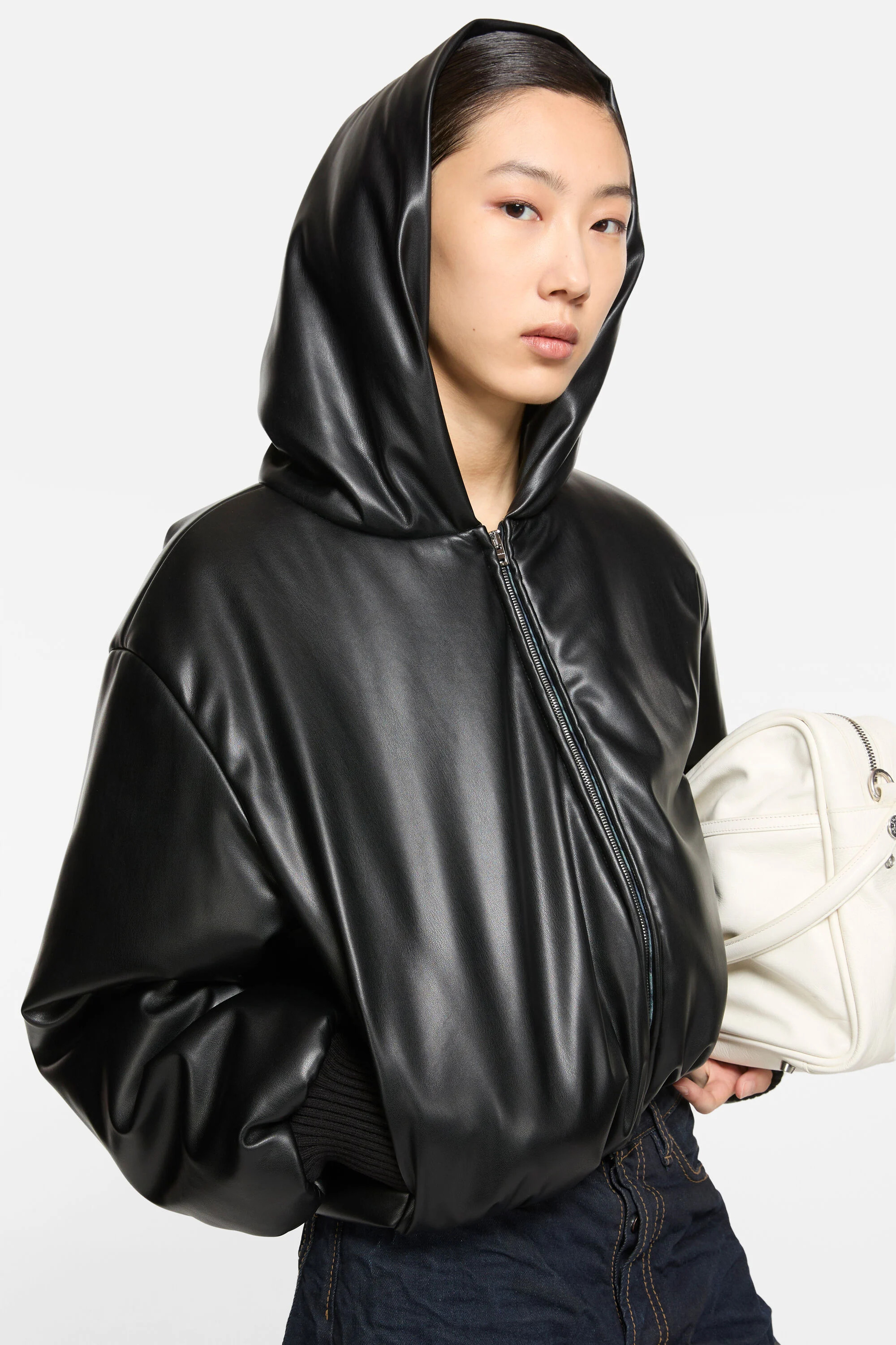 Hooded faux leather jacket - Black - 4
