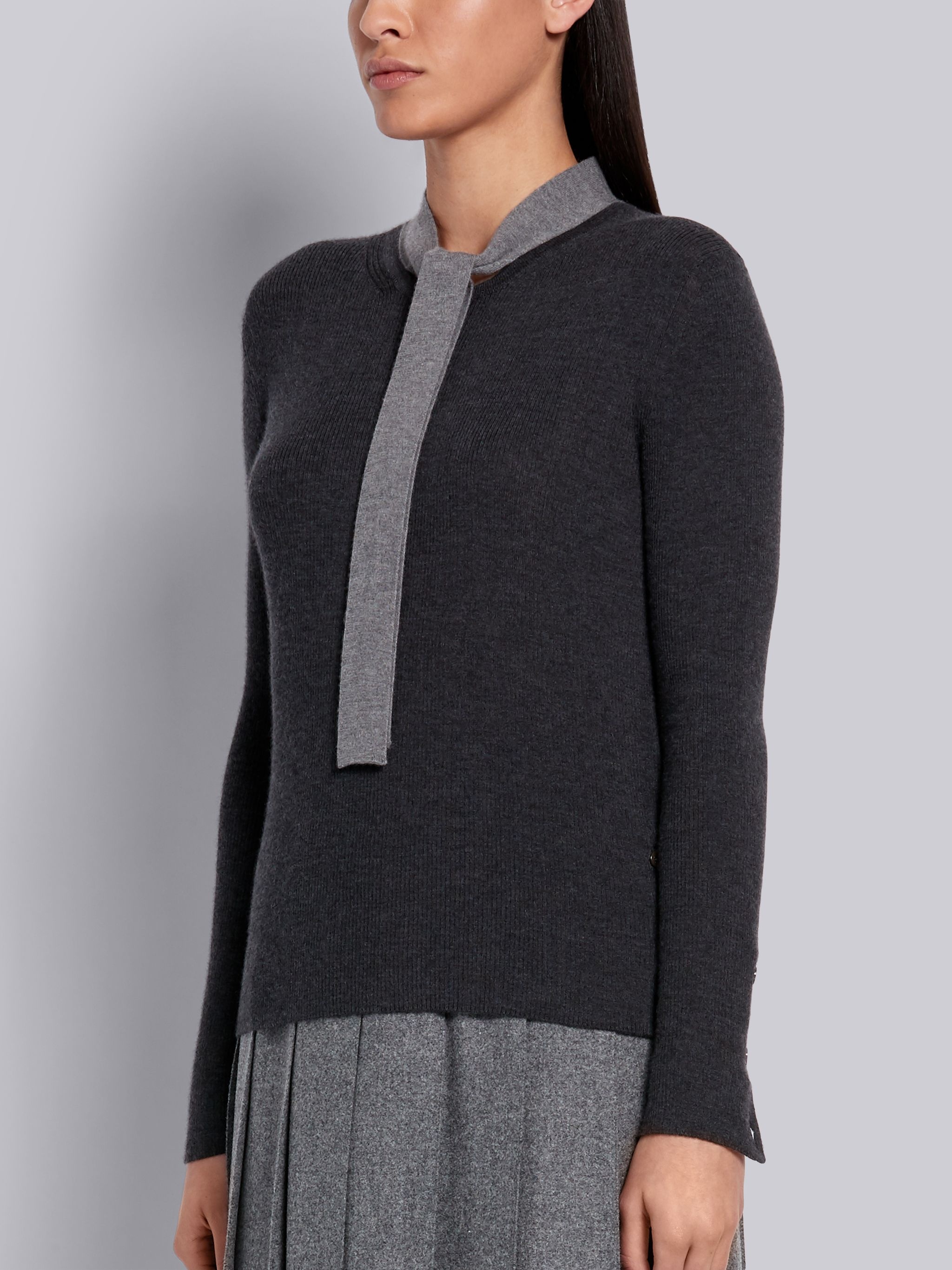 Dark Grey Cashmere Rib Neck Tie Crewneck Pullover - 2