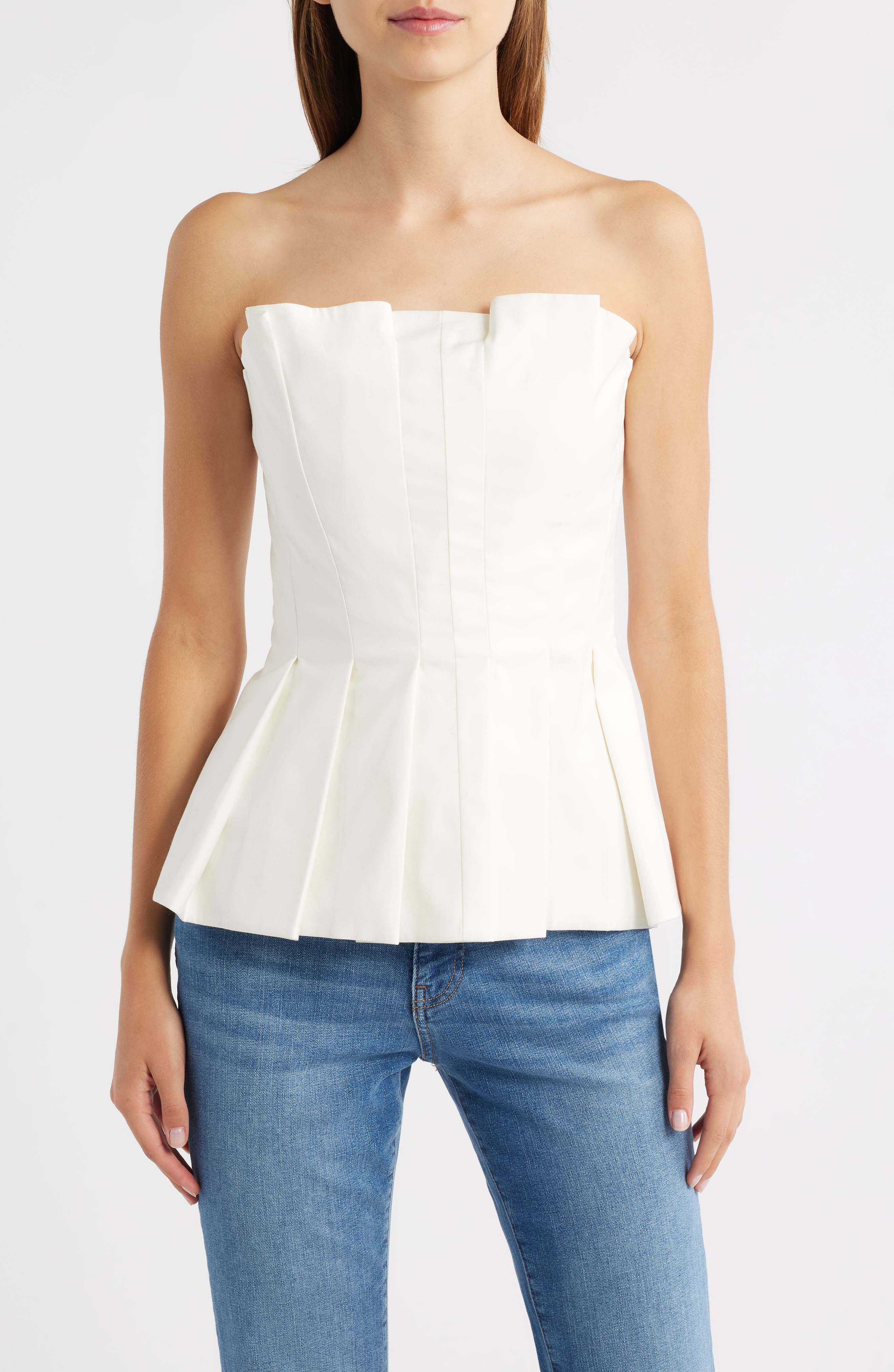 Reformation Ashlyn Pleated Peplum Strapless Top in White at Nordstrom - 1