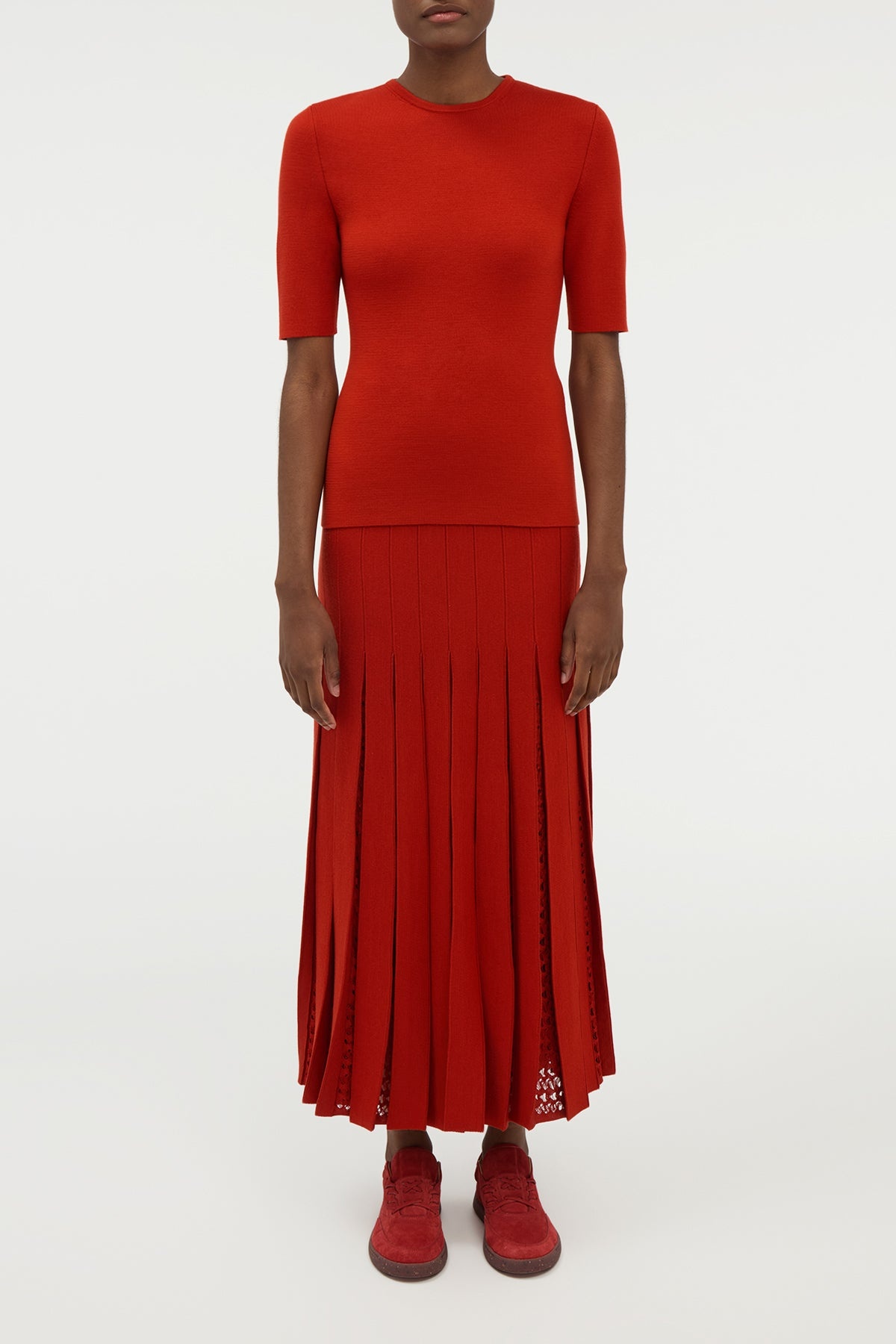 Debutante Knit Pleated Maxi Skirt in Antelope Orange Merino Wool - 2