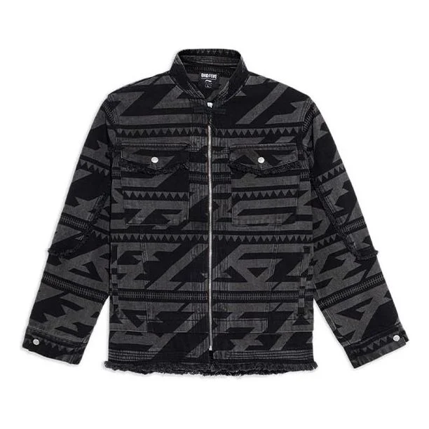 Li-Ning BADFIVE Series Full Print Loose Washed Denim Jacket 'Black Grey' AJDS037-1 - 1