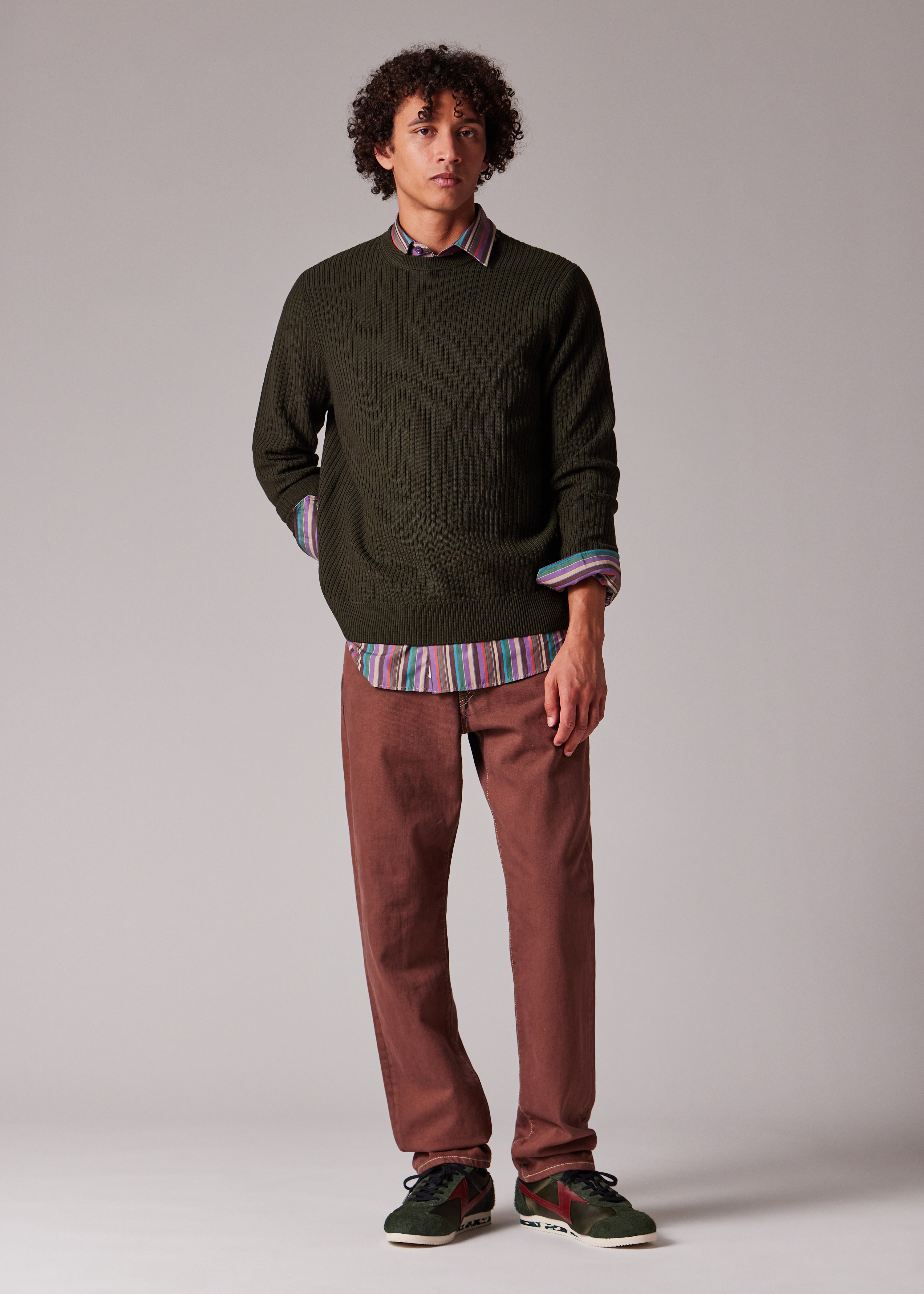 Khaki Washable Merino Wool 'Signature Stripe' Crew Neck Sweater - 8