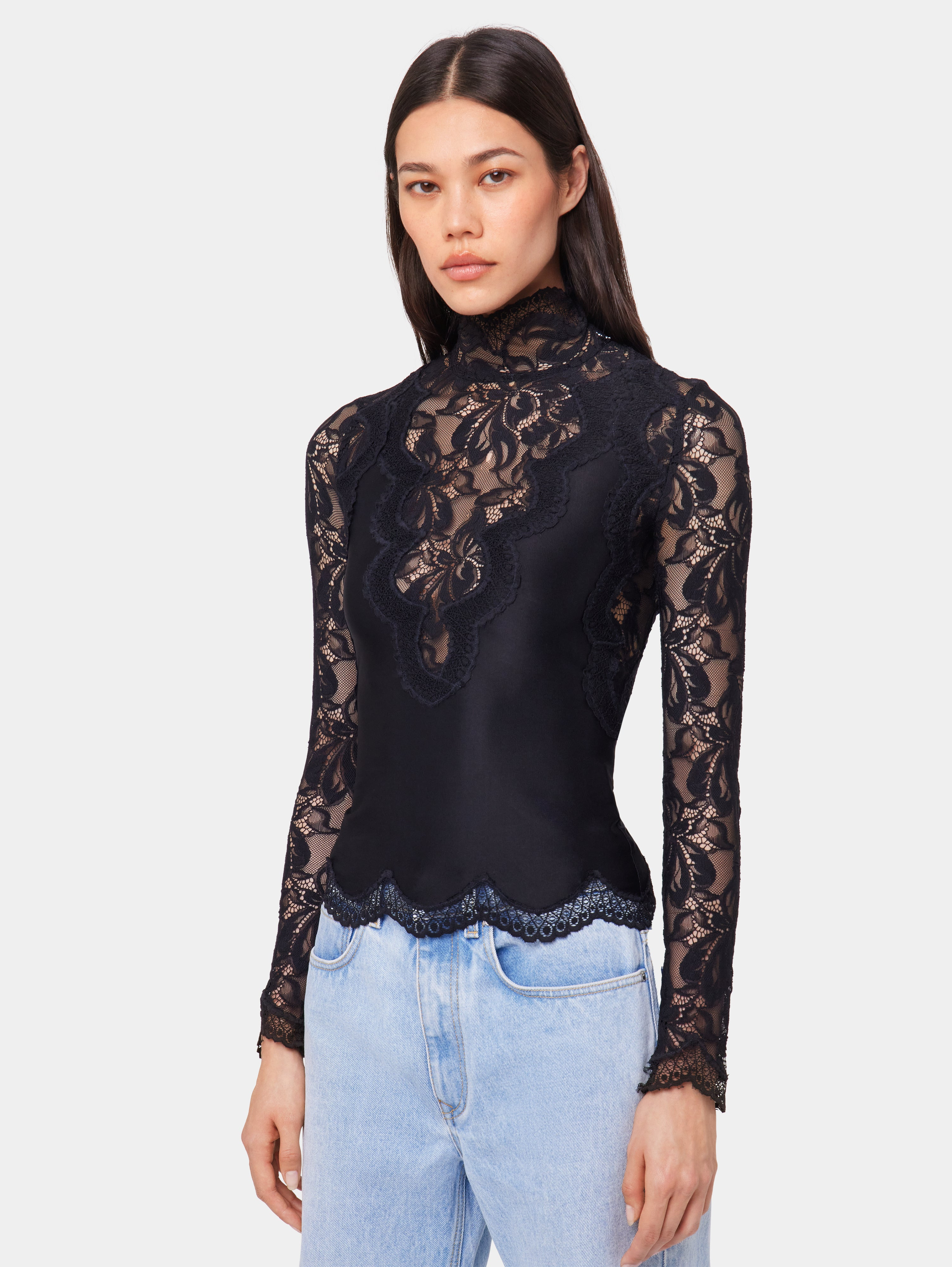 BLACK LONG SLEEVE TOP IN LACE AND JERSEY - 2