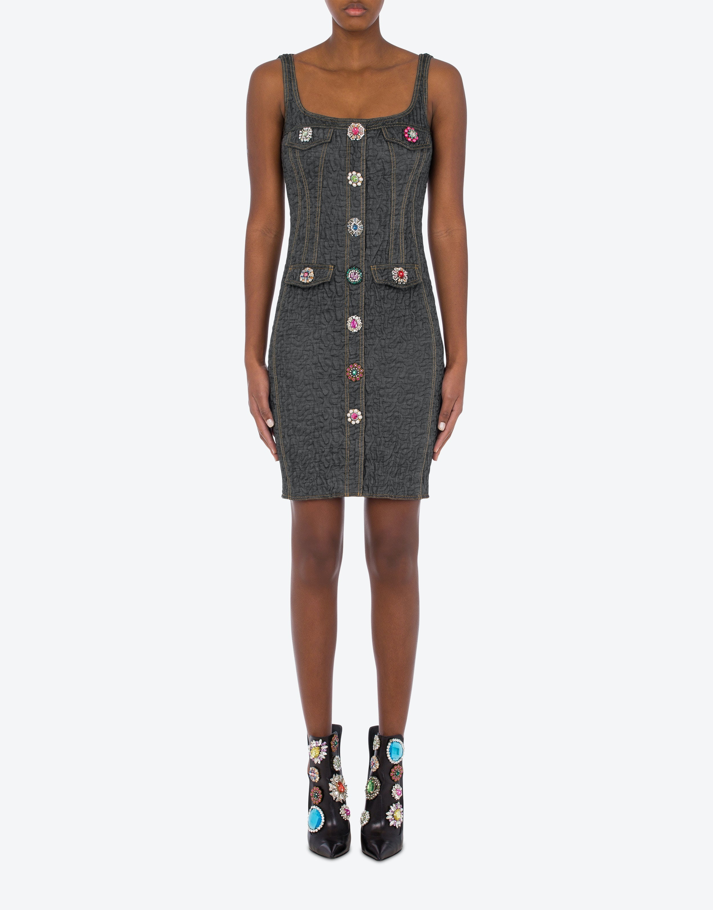 JEWEL BUTTONS BLACK DENIM SHEATH DRESS - 2