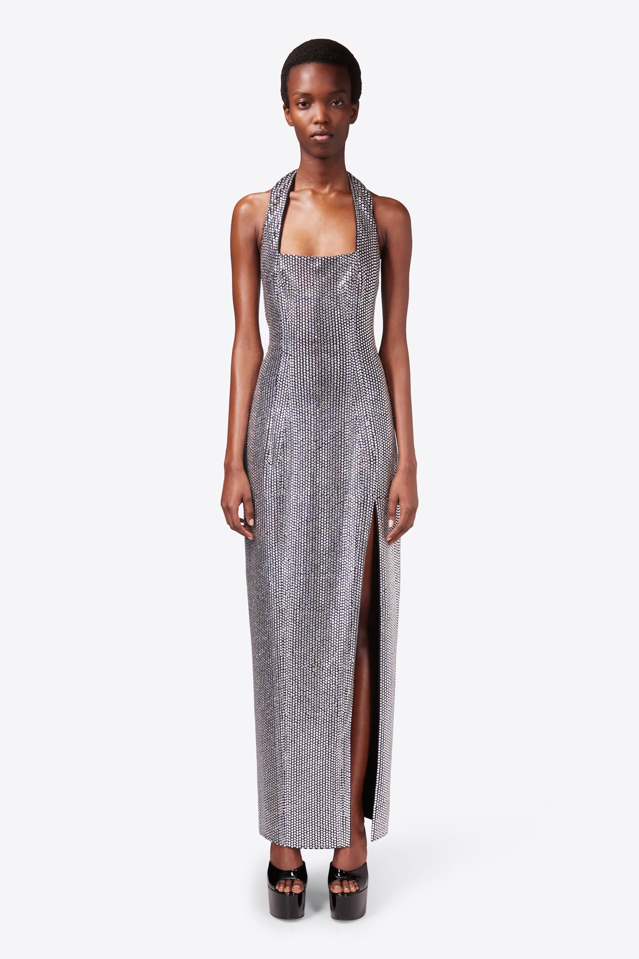 CRYSTAL EMBELLISHED HALTER SLIT GOWN - 3