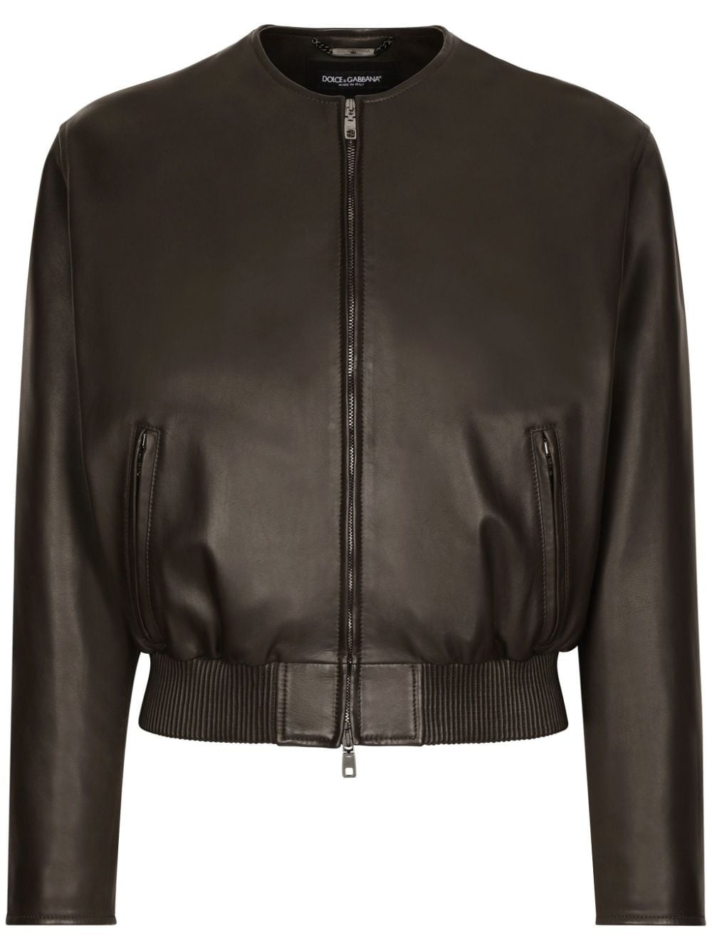 collarless leather bomber jacket - 1