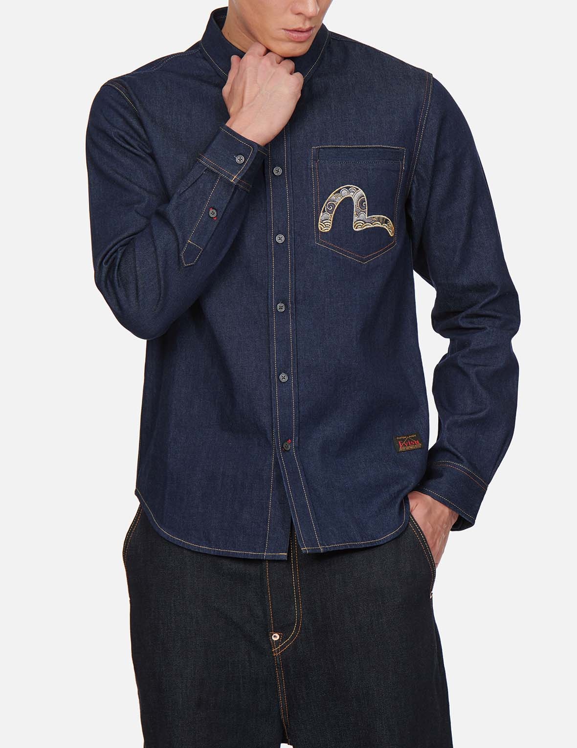DRAGON-EMBROIDERED DAICOCK PRINT DENIM SHIRT - 8