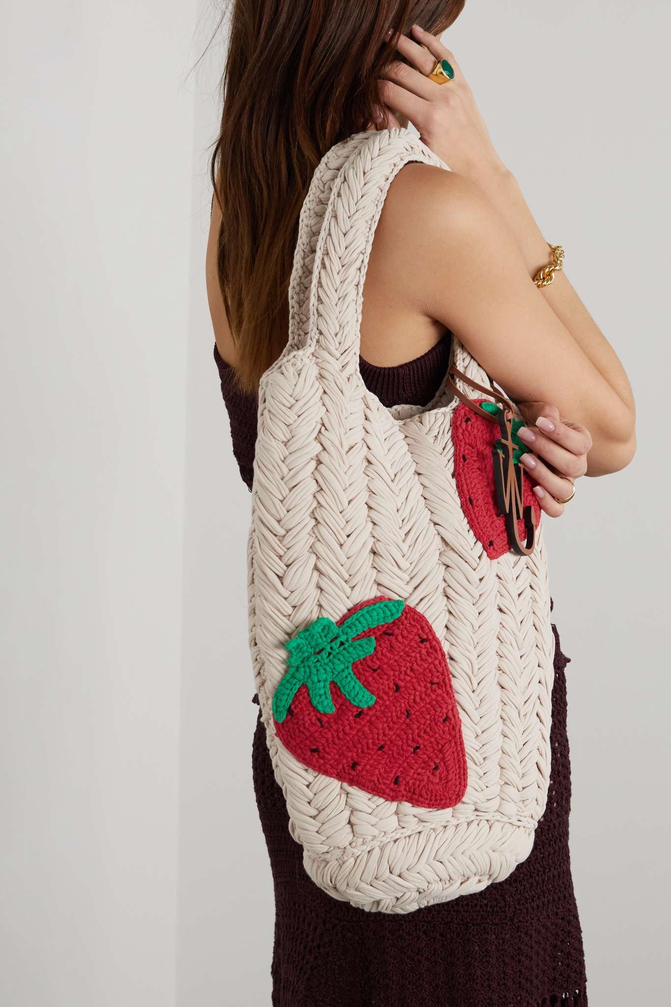 Strawberry leather-trimmed crocheted jersey tote - 2