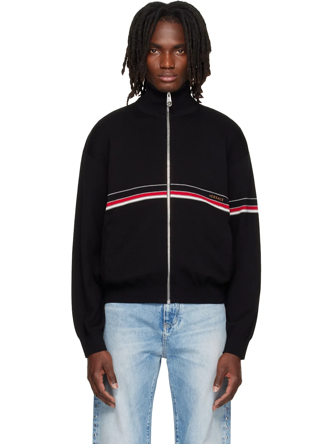 Black Embroidered-Logo Cotton Knit Zip Cardigan - 1
