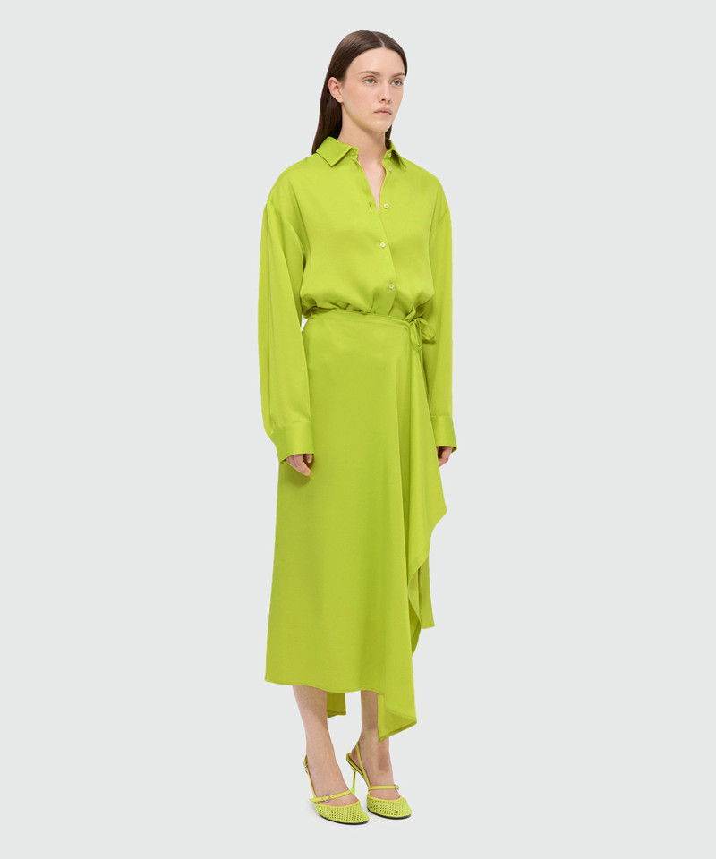 Lime satin midi dress with pareo-style skirt 4