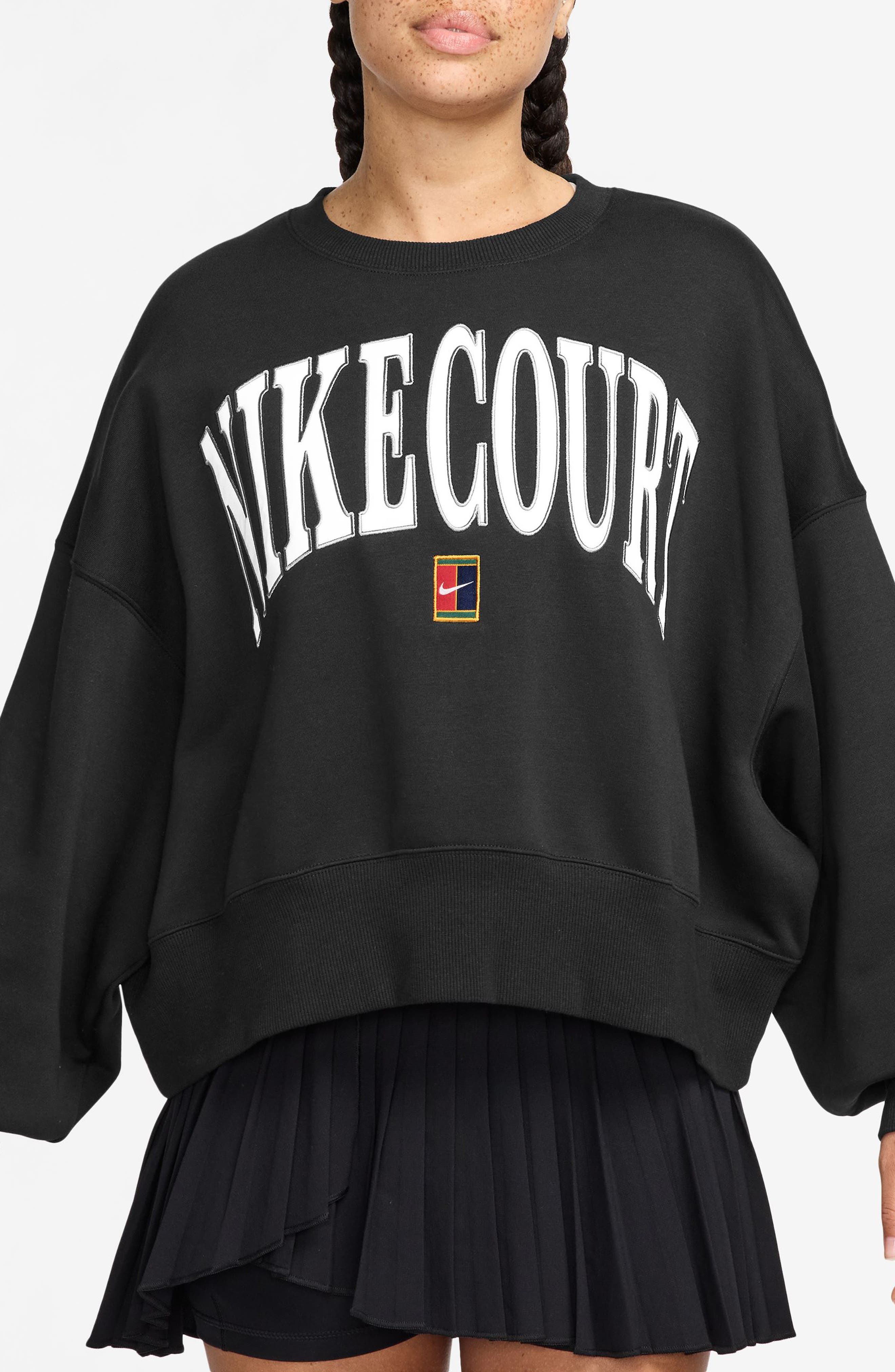 Nike Phoenix Fleece Oversize Crewneck Tennis Sweatshirt in Black/Flat Pewter at Nordstrom - 1