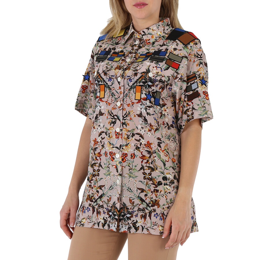 Burberry Badge Appliques Iris Floral-Print Silk Crepe De Chine Oversized Shirt - 5