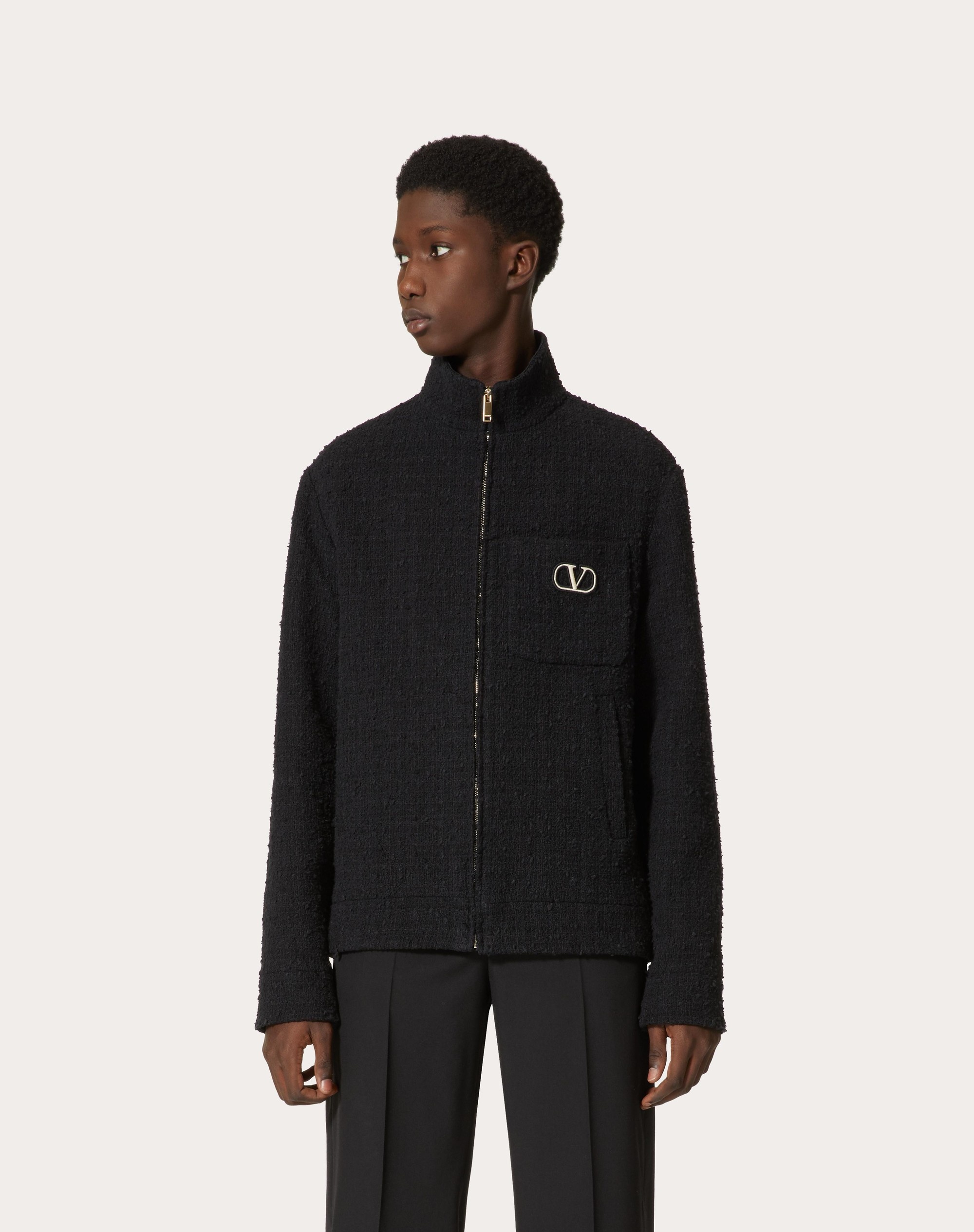 COTTON TWEED SWEATSHIRT WITH ZIPPER AND VLOGO SIGNATURE PATCH - 3