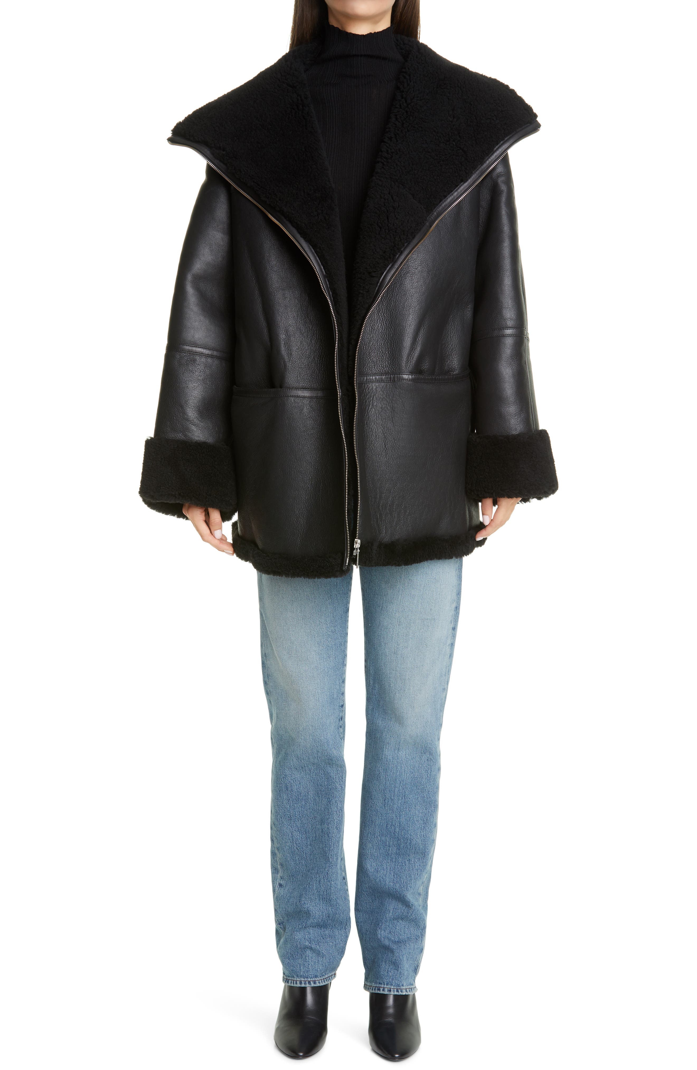 TOTEME Menfi Oversize Genuine Shearling Coat in Black at Nordstrom - 8