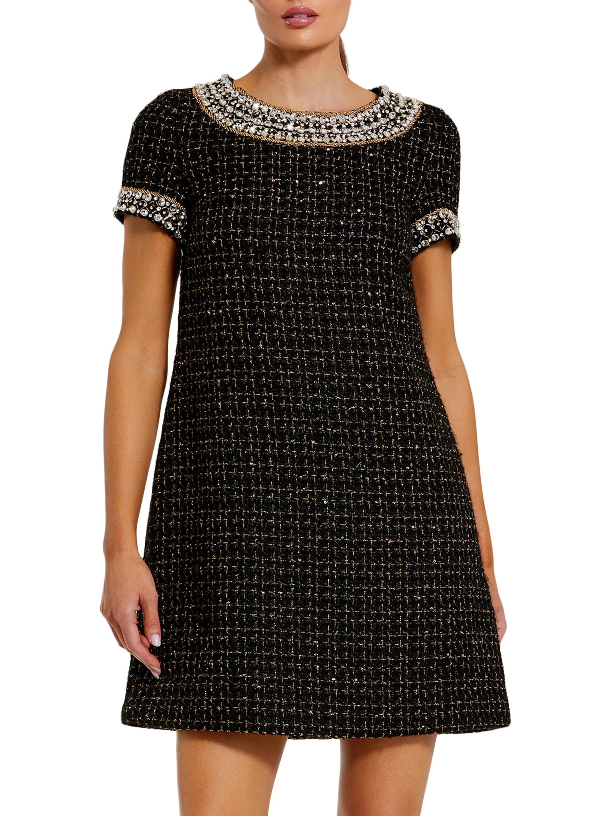 Women's Short Sleeve Bouclé Minidress With Beading Detail - Black Gold - 1
