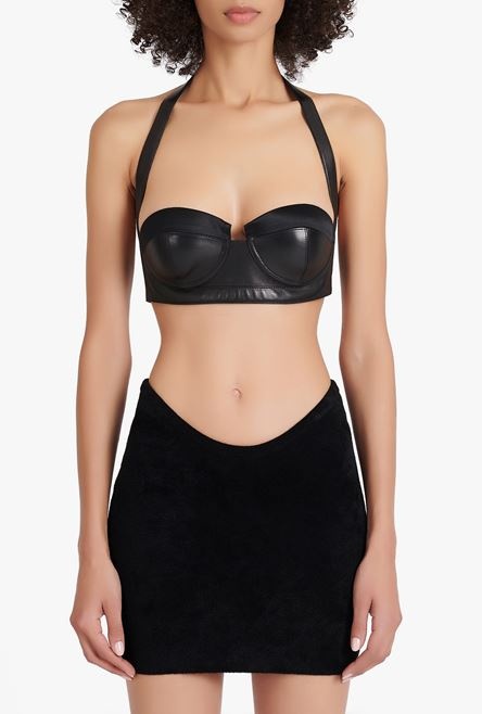 Black leather crop top with open back - 5