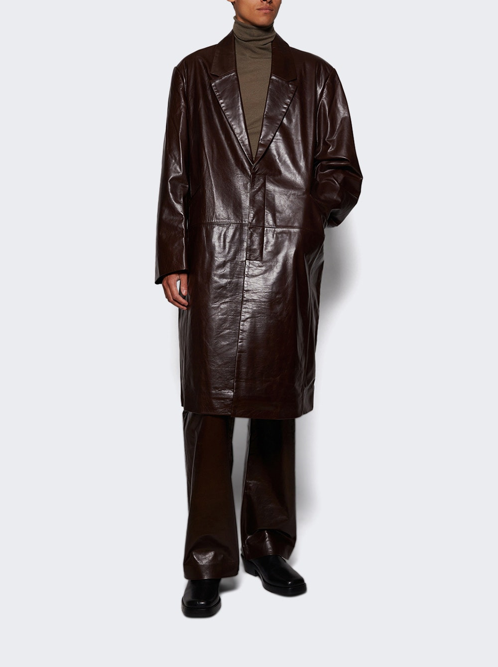 Single Breasted Leather Coat Darkbrown - 5