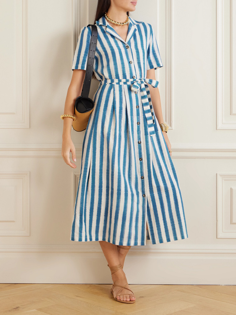 EMPORIO SIRENUSE Claudia Belted Pleated Striped Cotton Midi Shirt Dress outlook