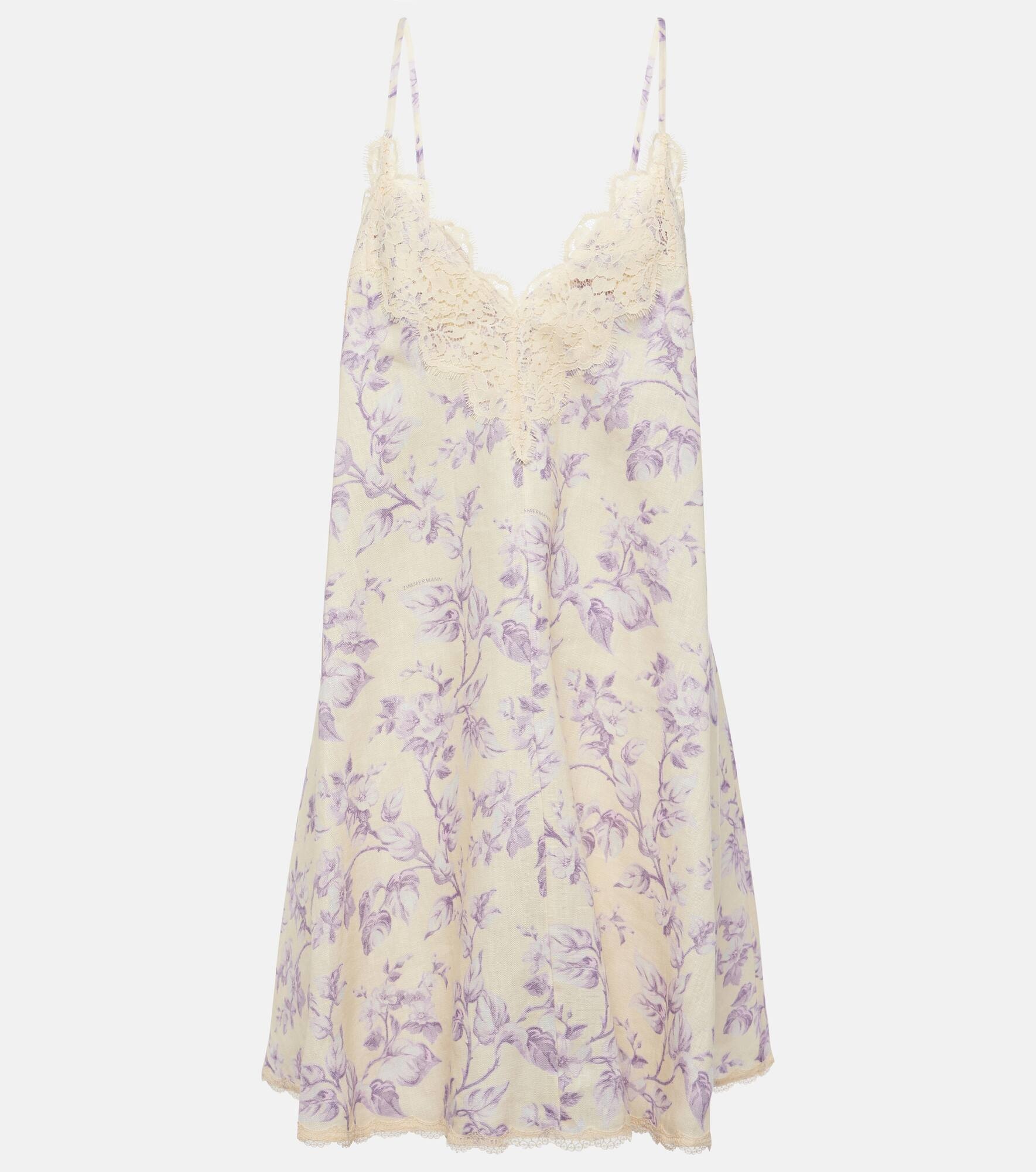 Halliday lace-trimmed floral linen slip dress - 1