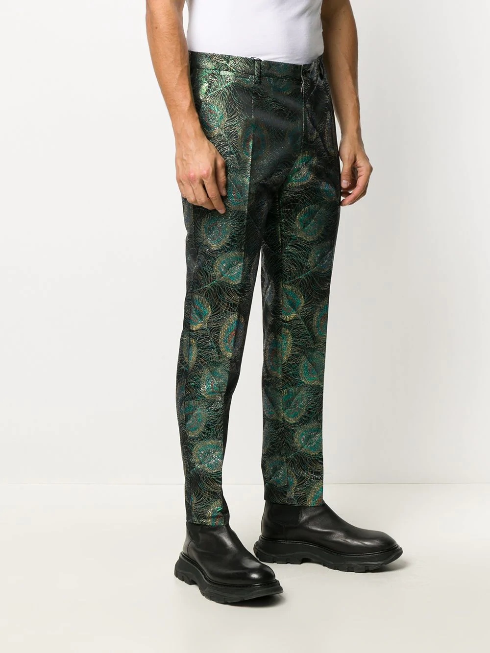 metallic peacock print tailored trousers - 3