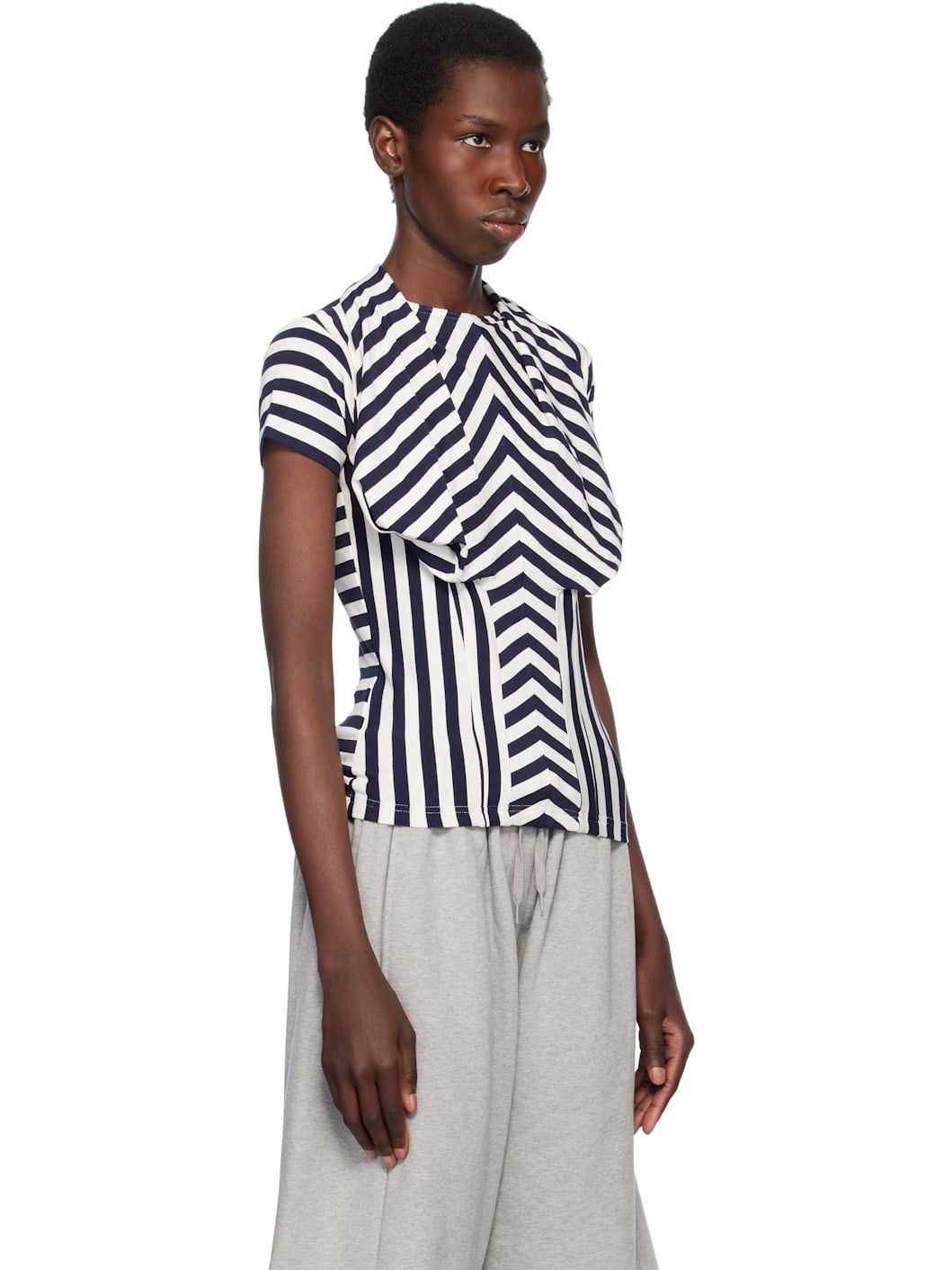 Navy & White Stripe Bra Draping Jersey T-shirt - 2