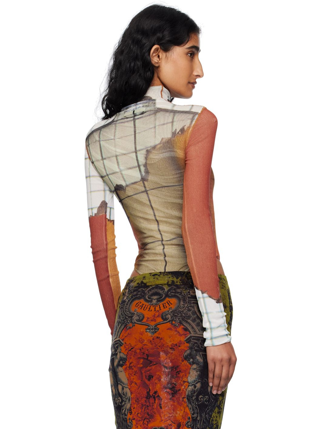 Orange & White Long Sleeves Twisted Printed Fire Bodysuit - 3