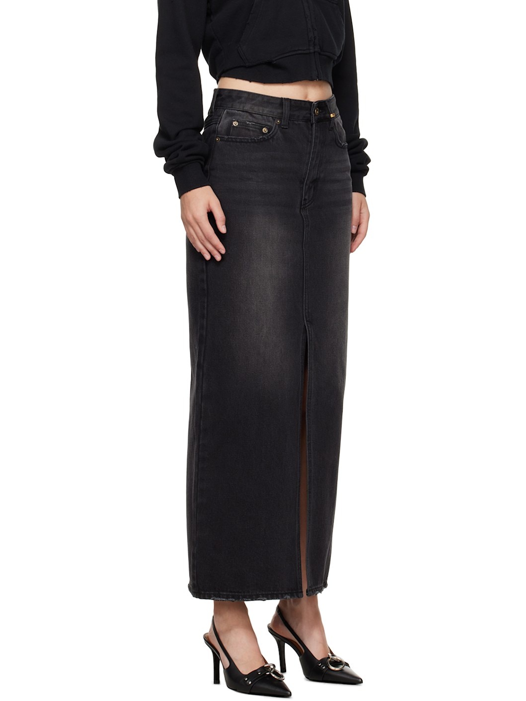 Black Washed Denim Maxi Skirt - 2
