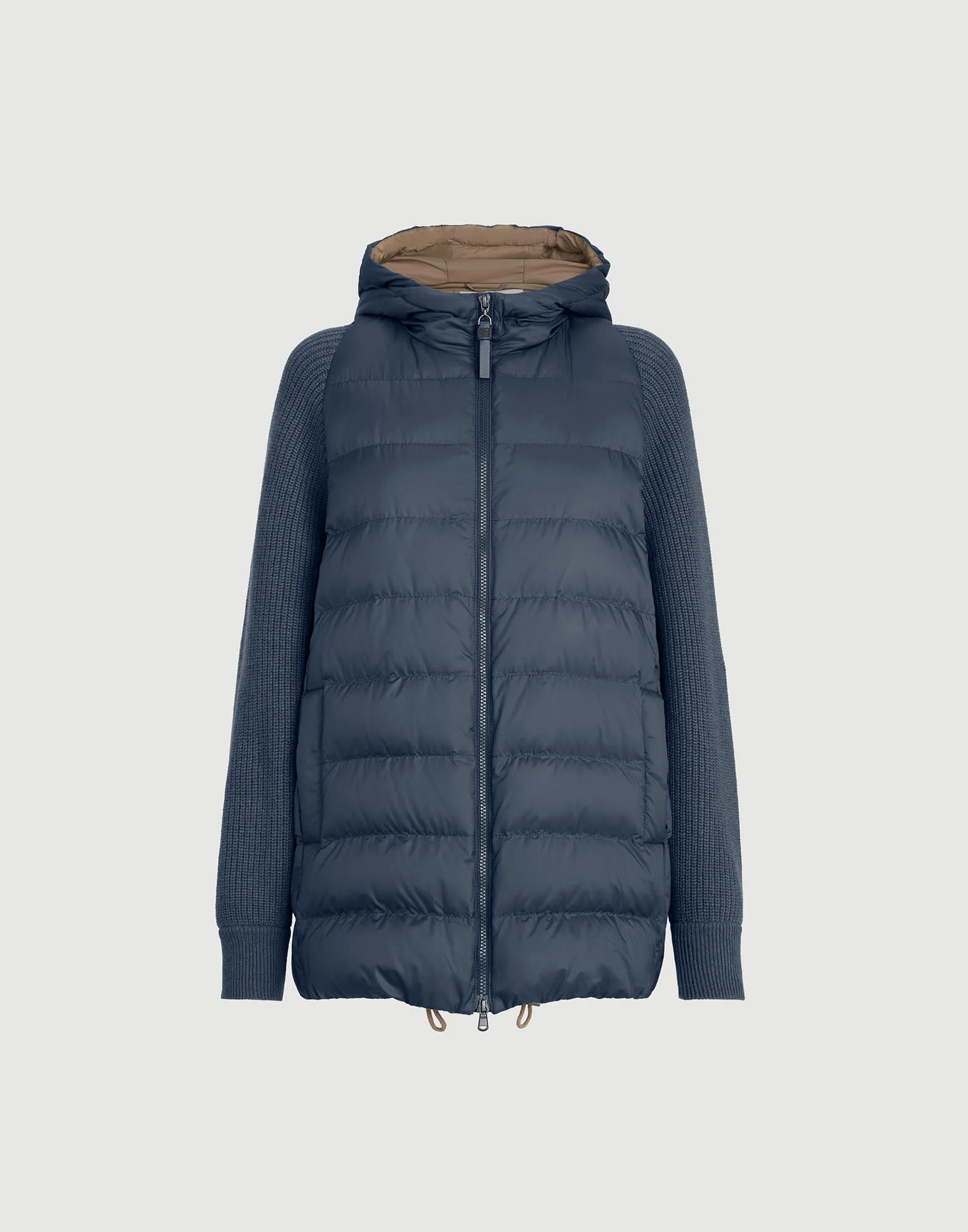 Water-resistant matte nylon hooded down jacket with virgin wool, cashmere and silk knit sleeves and - 1