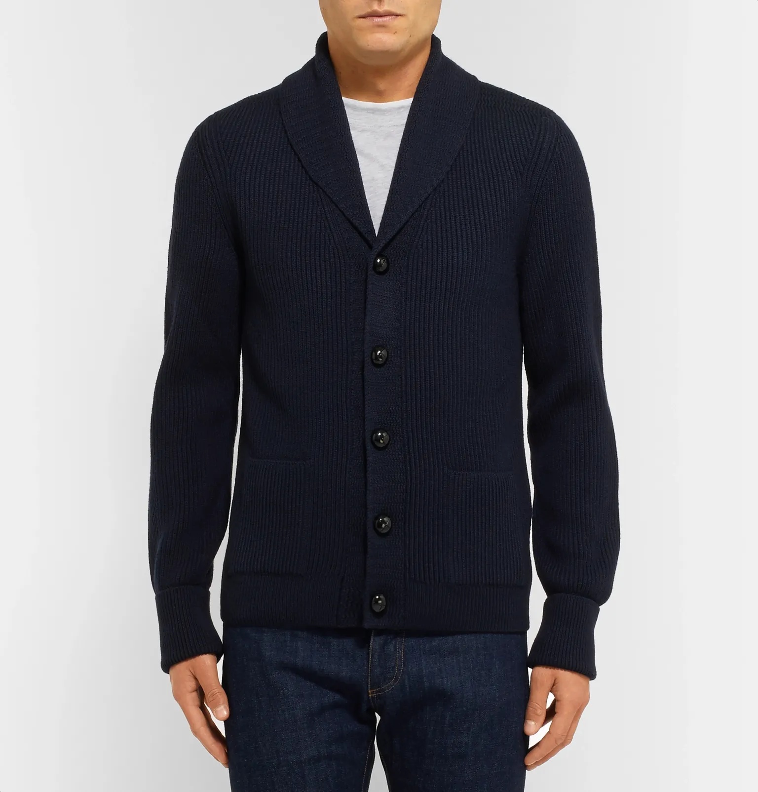 Shawl-Collar Ribbed Wool Cardigan - 4