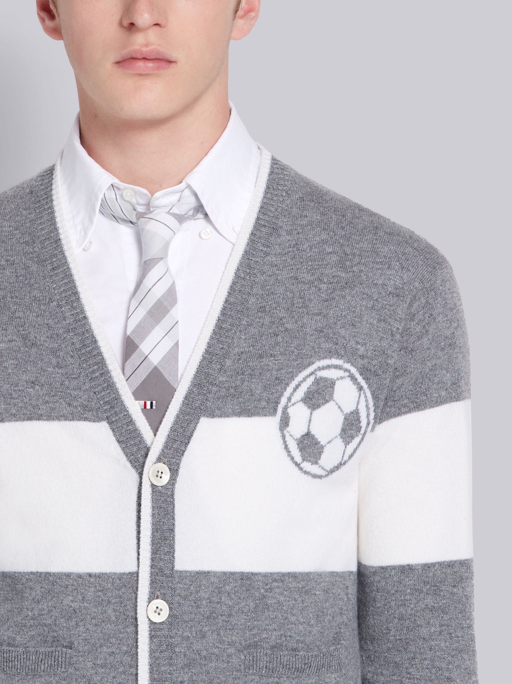 Light Grey Cashmere Striped Soccer Ball Icon V-Neck Cardigan - 5