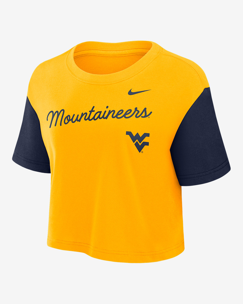 West Virginia Script Women's Nike Dri-FIT College Cropped T-Shirt 1