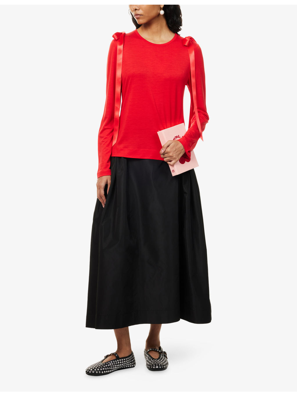 Bow-Ribbon Long-Sleeves Woven T-Shirt - 2