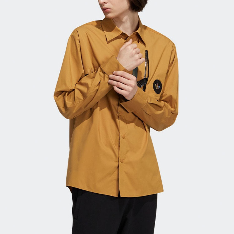 adidas Men's adidas originals Prem Wvn Lshirt Lapel Chest Long Sleeves Wheat Brown Shirt H58072 outlook