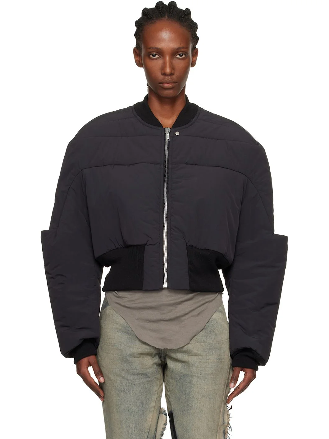 Black Concordians Girdered Cropped Bomber Down Jacket - 1