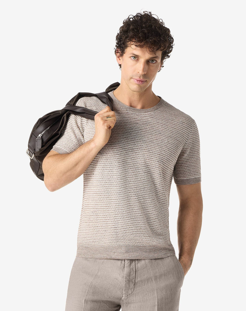 CORNELIANI Brown crew neck linen and silk knitwear outlook