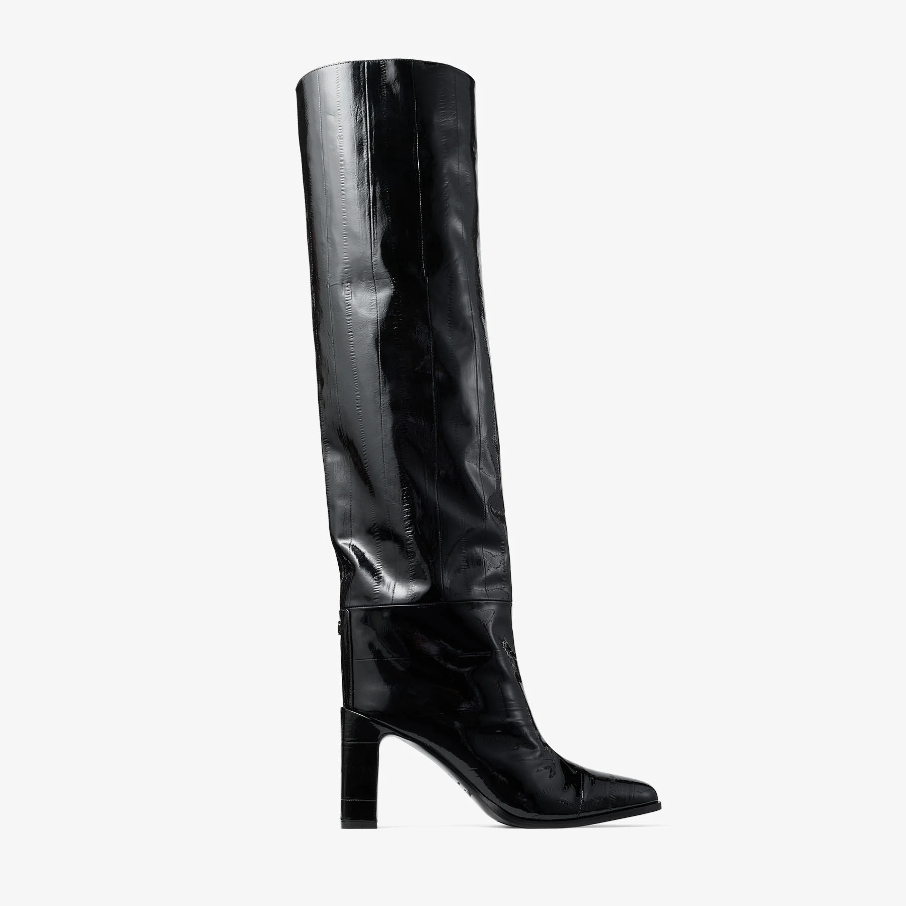 Caly Over The Knee 85 Black Shiny Eel-Embossed Leather Knee-High Boots - 1