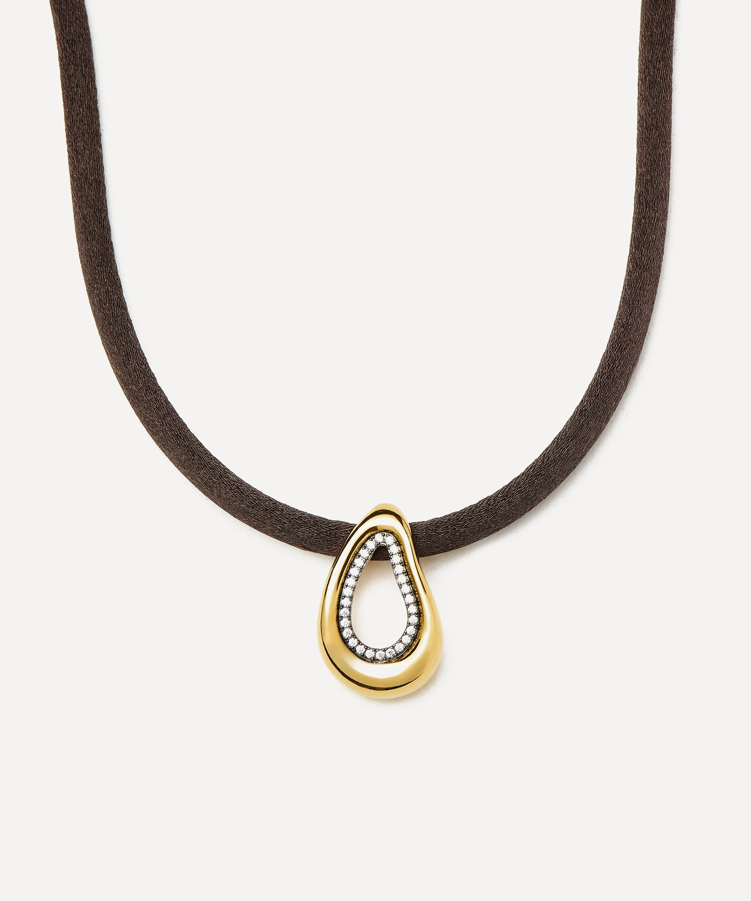 18ct Gold-Plated Molten Teardrop Brown Silk Cord Necklace - 1
