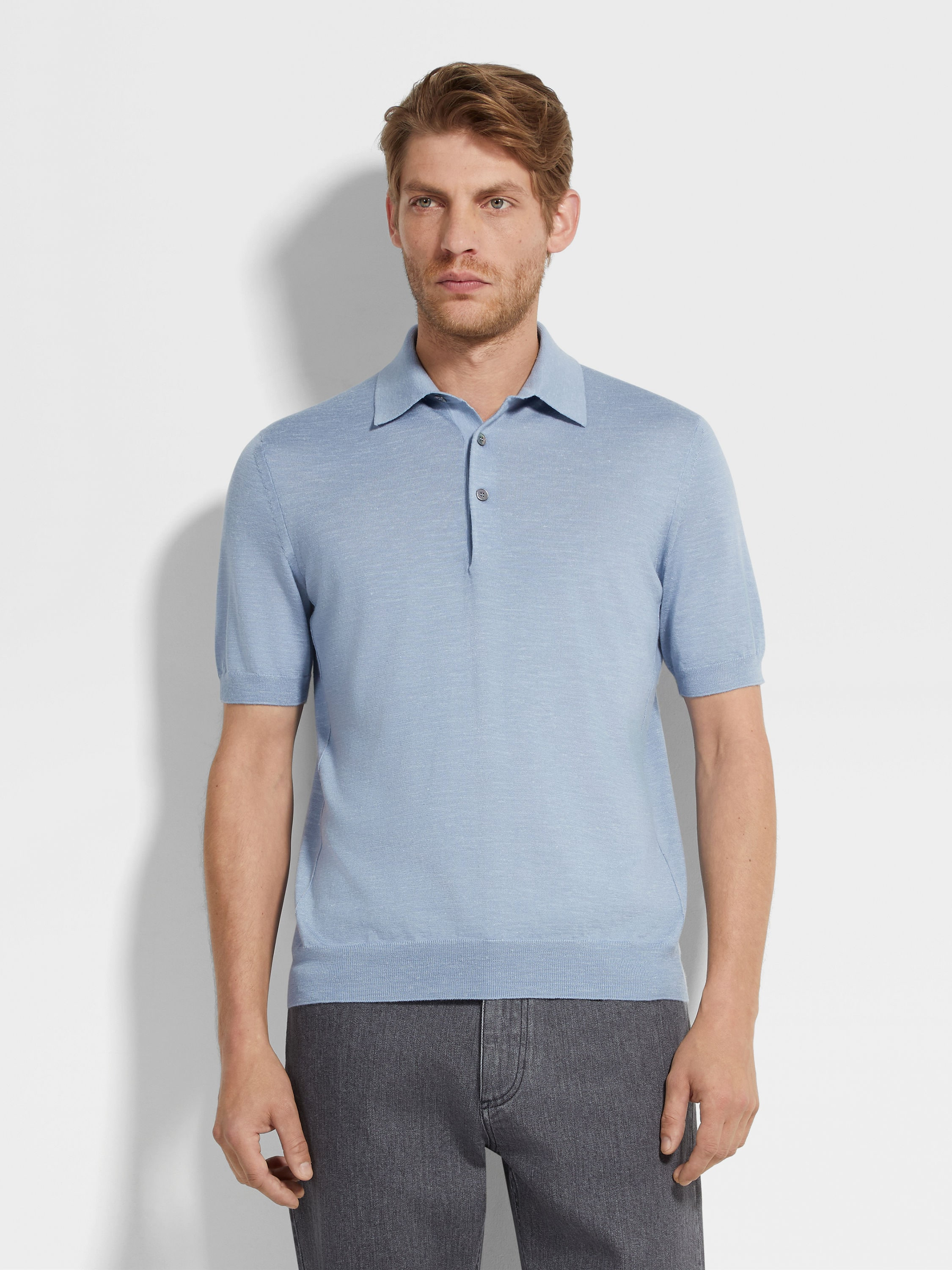 LIGHT BLUE MÉLANGE SILK CASHMERE AND LINEN POLO SHIRT - 4