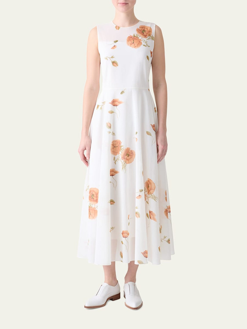 AKRIS Anemone Print Belted Fit-and-Flare Voile Dress outlook