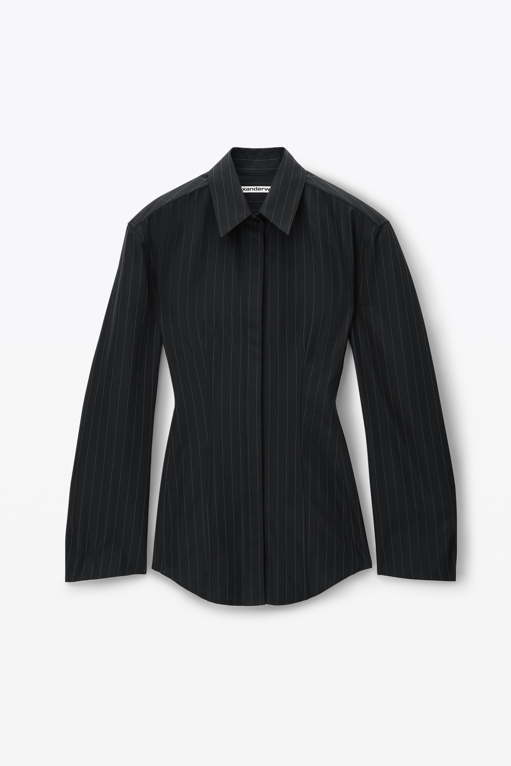 Long Sleeve Belted Shirt in Pinstripe Wool - 1