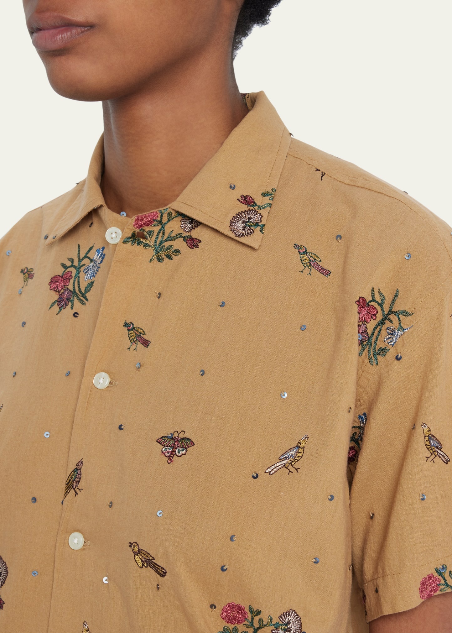 Micro Bird Embroidered Short Sleeve Button Up Shirt - 5