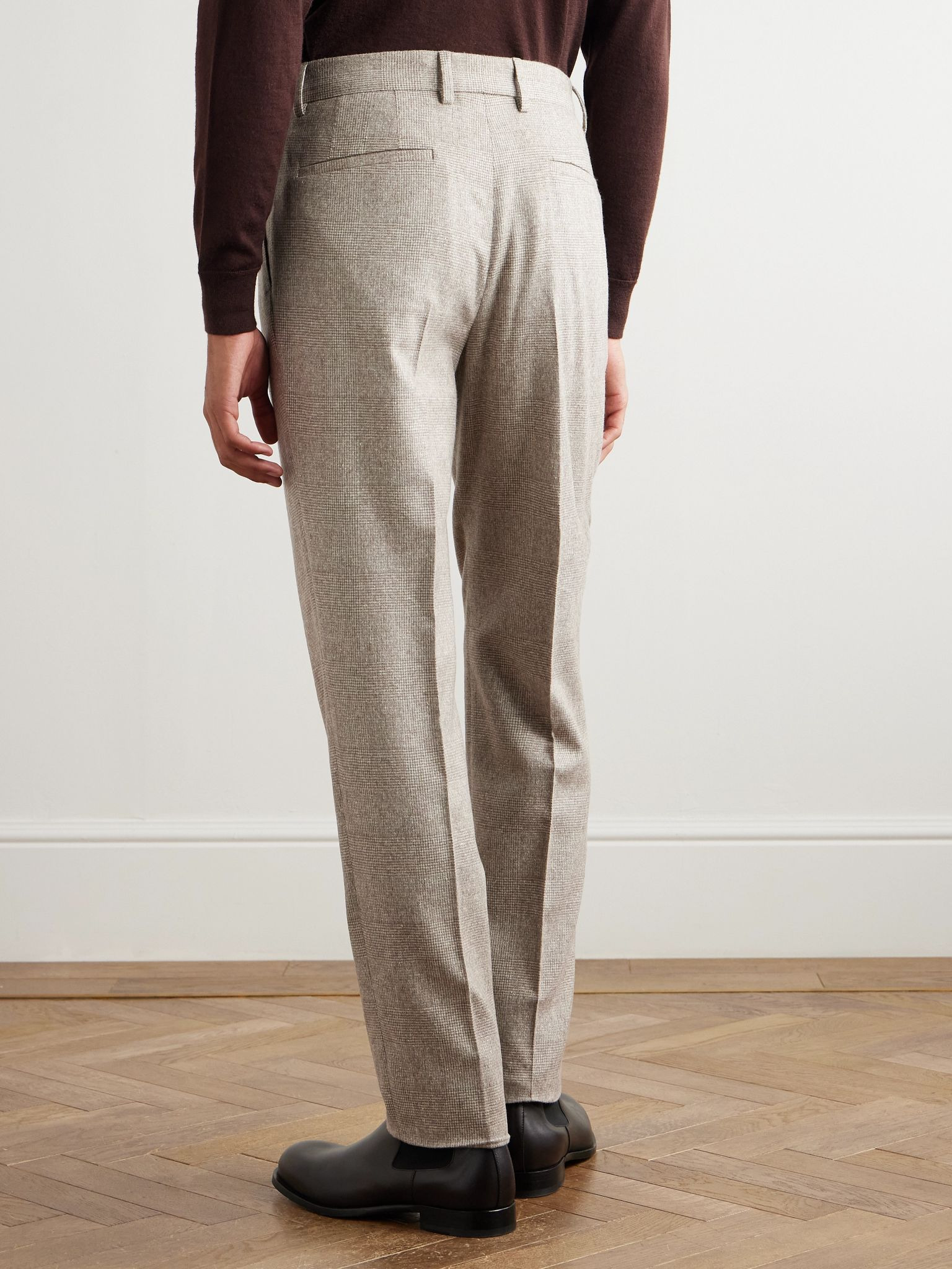 Tapered Pleated Prince of Wales Checked Silk, Wool and Cashmere-Blend Flannel Suit Trousers Beige - 4