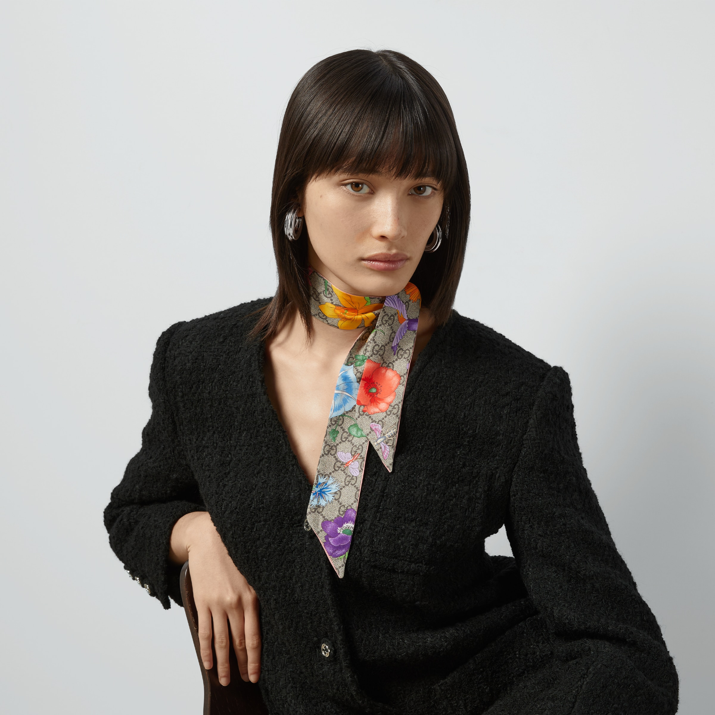 GG Flora print silk neck bow - 3