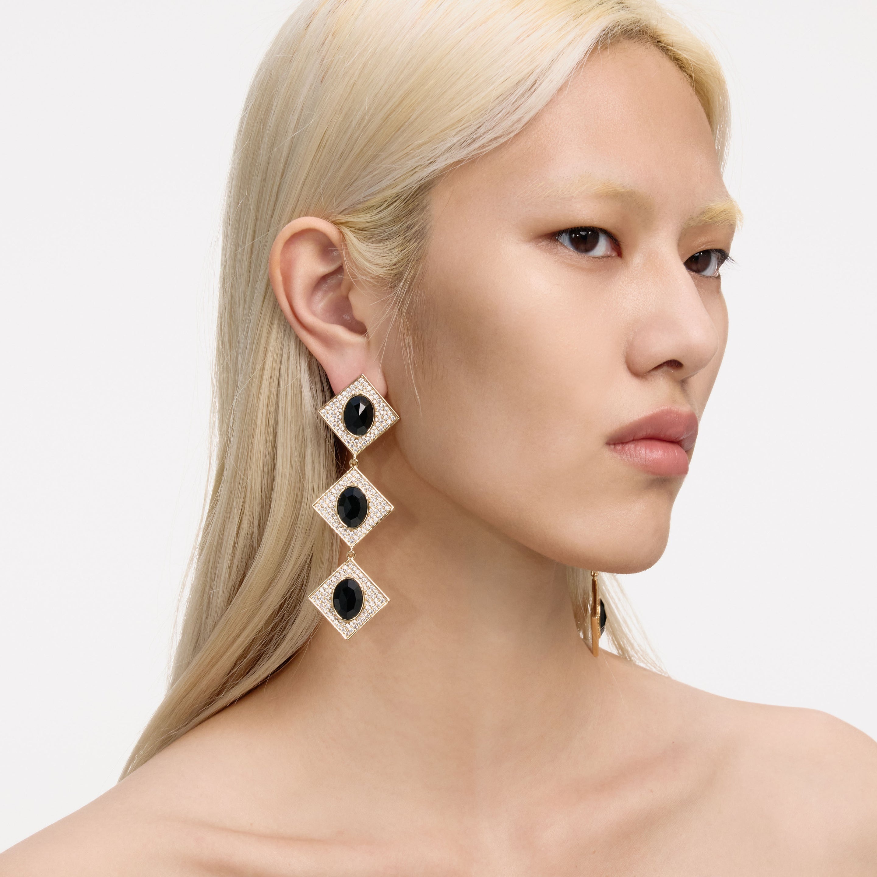 Gold Crystal Black Tiered Earrings - 3