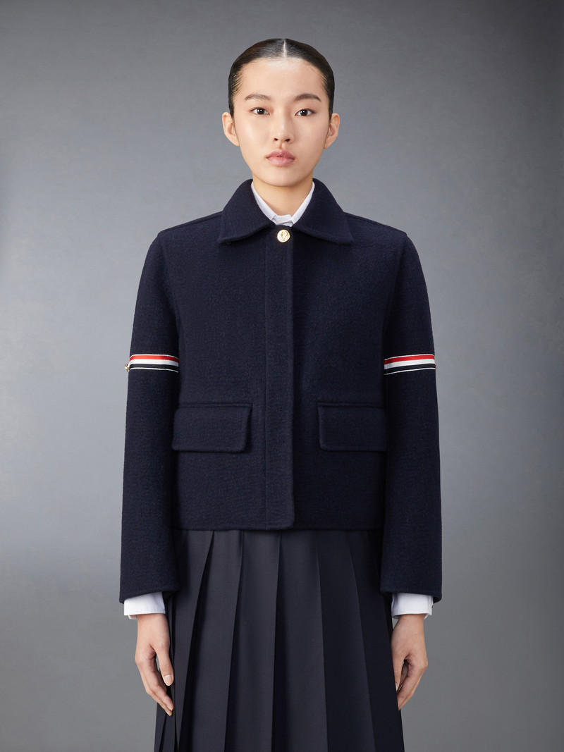 Thom Browne Wool Cashmere Armband Bell Sleeve Jacket With Shearling Collar outlook