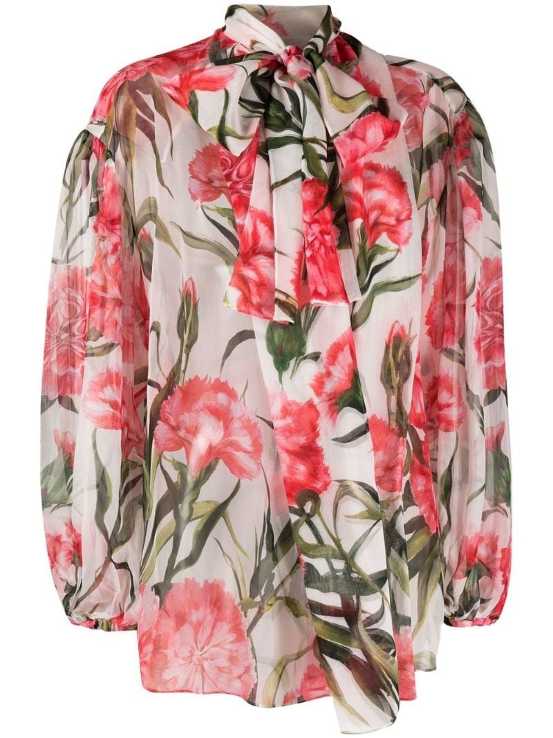 Carnation-print tie-neck silk blouse - 1