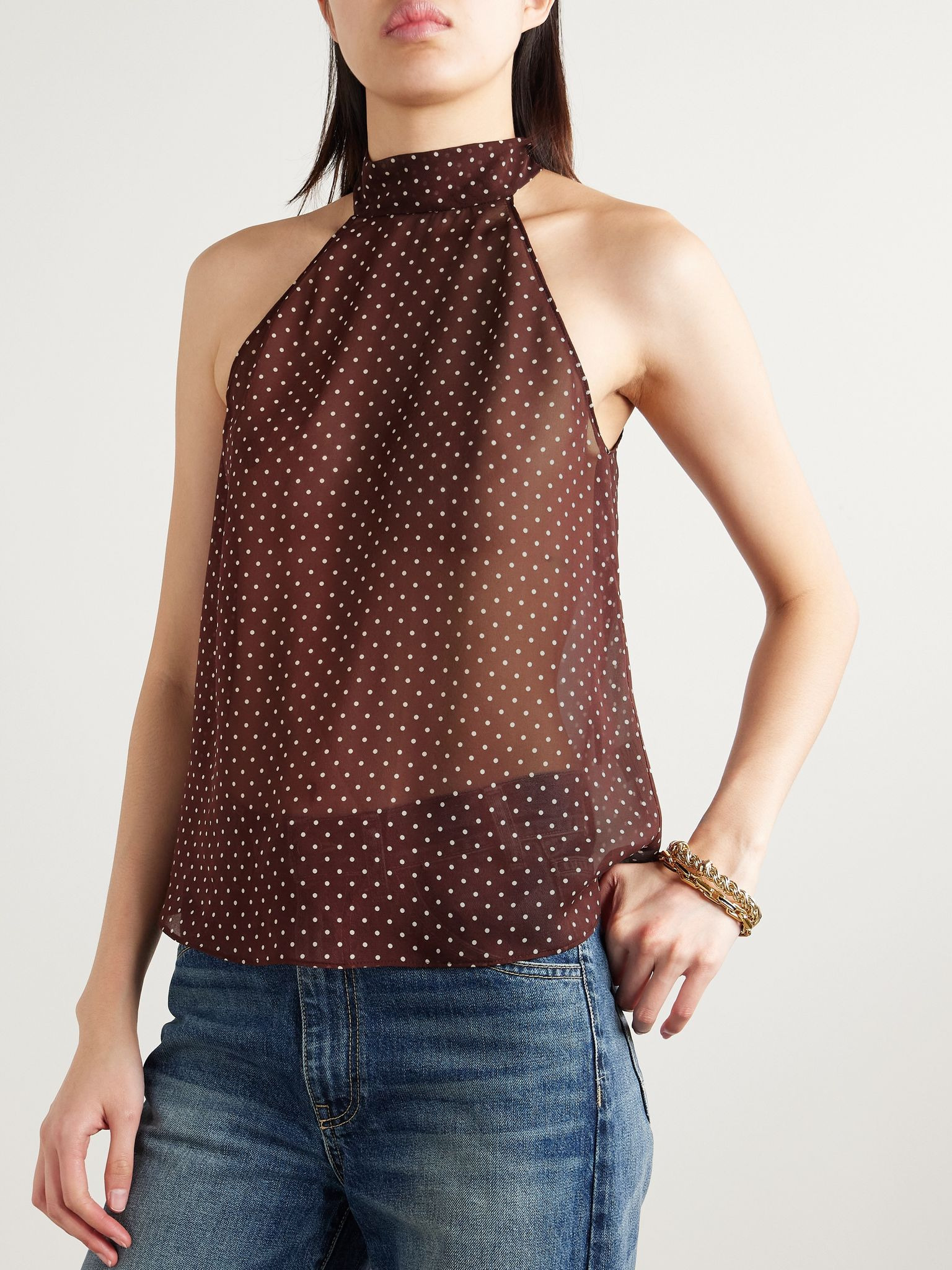 Alla polka-dot silk-chiffon halterneck tank Burgundy - 3